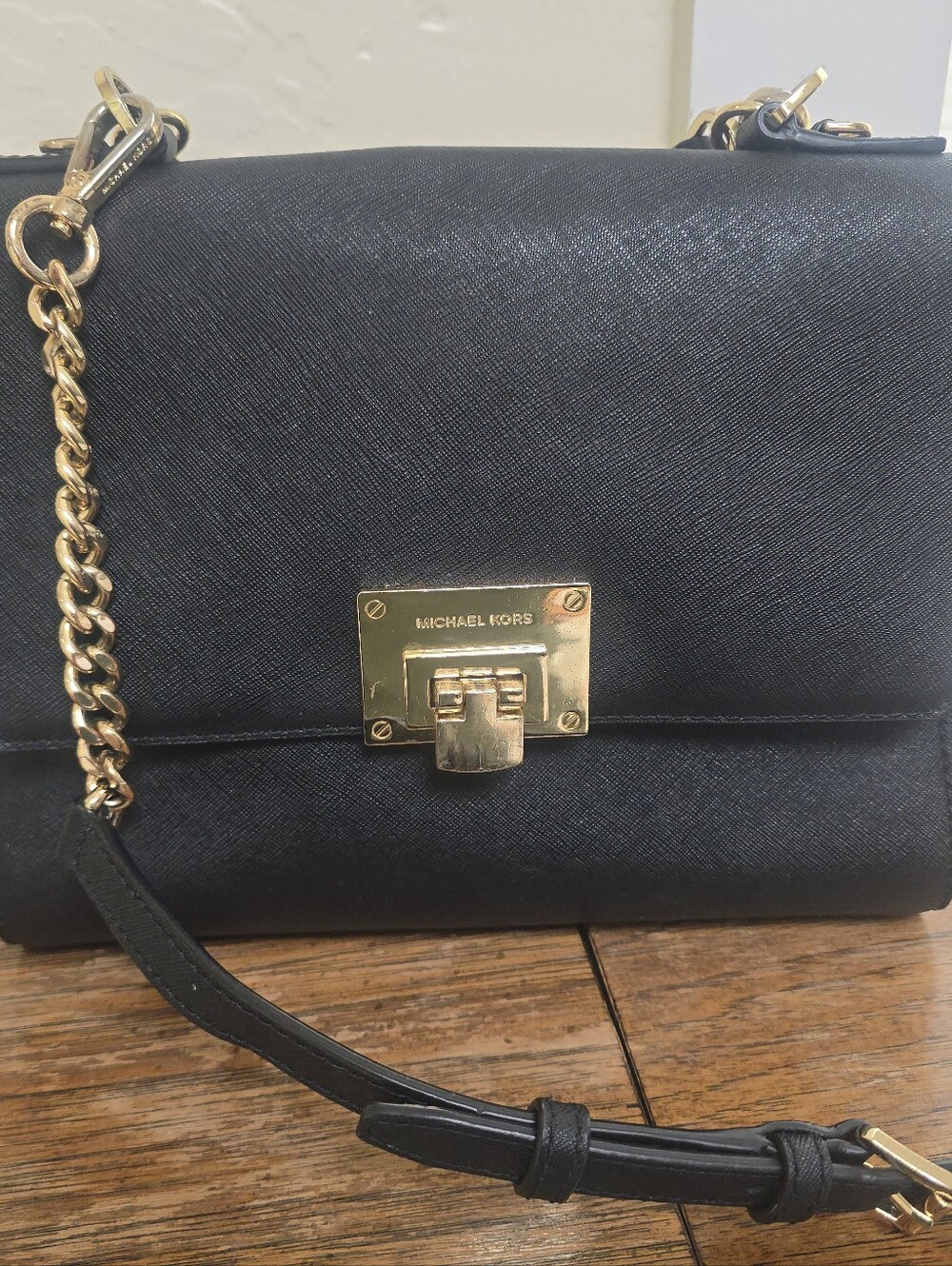 Michael Kors Black Saffiano Crossbody with Gold Chain Detail